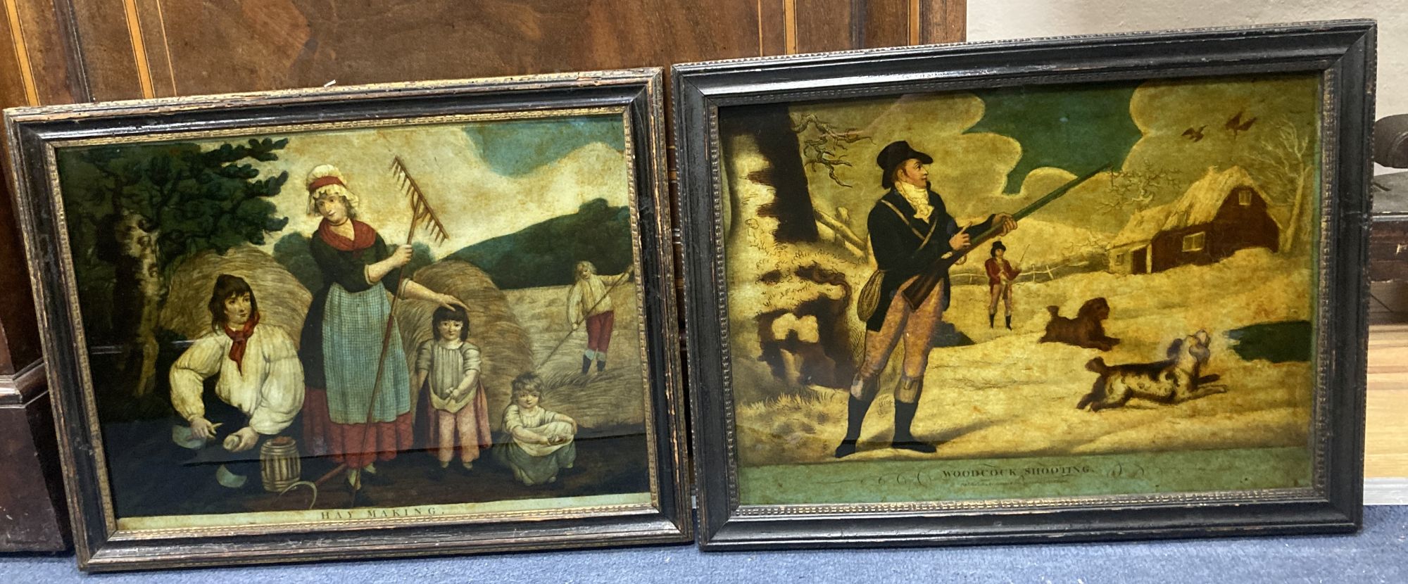 Two early 19th century coloured reverse glass prints, Woodcock Shooting, dated 1804, and Hay Making, both 25 x 35cm